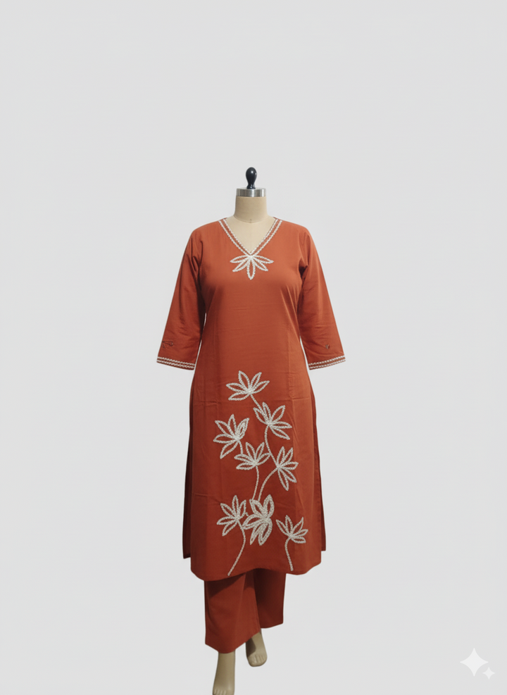 Rust Cotton Applique Daman Kurti 2 piece Set | Made to Order