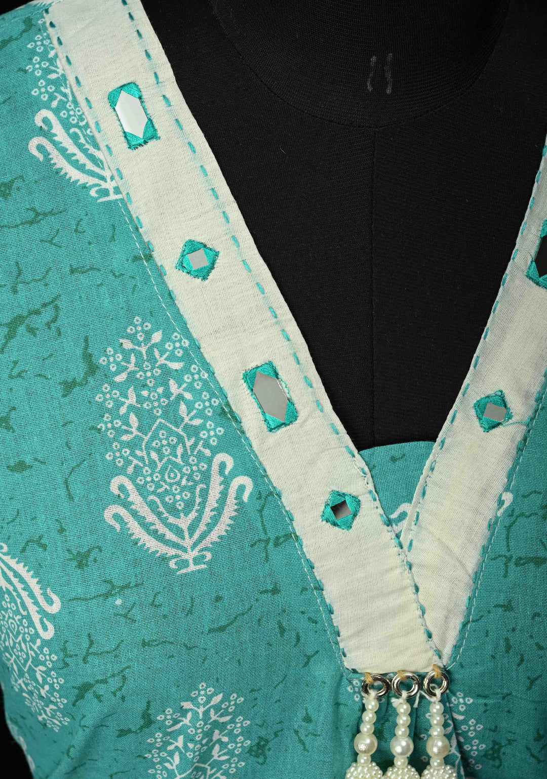 Cotton Jaipuri Print  Blue A-Line Kurti Set with Contrast Neck Detailing | Made to Order