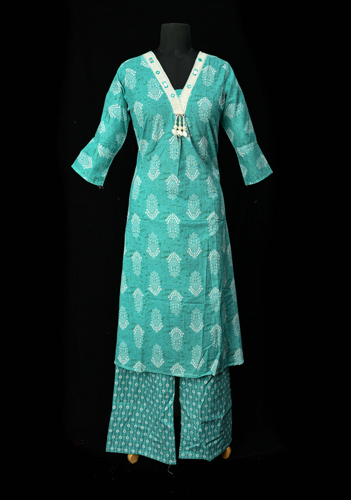 Cotton Jaipuri Print  Blue A-Line Kurti Set with Contrast Neck Detailing | Made to Order