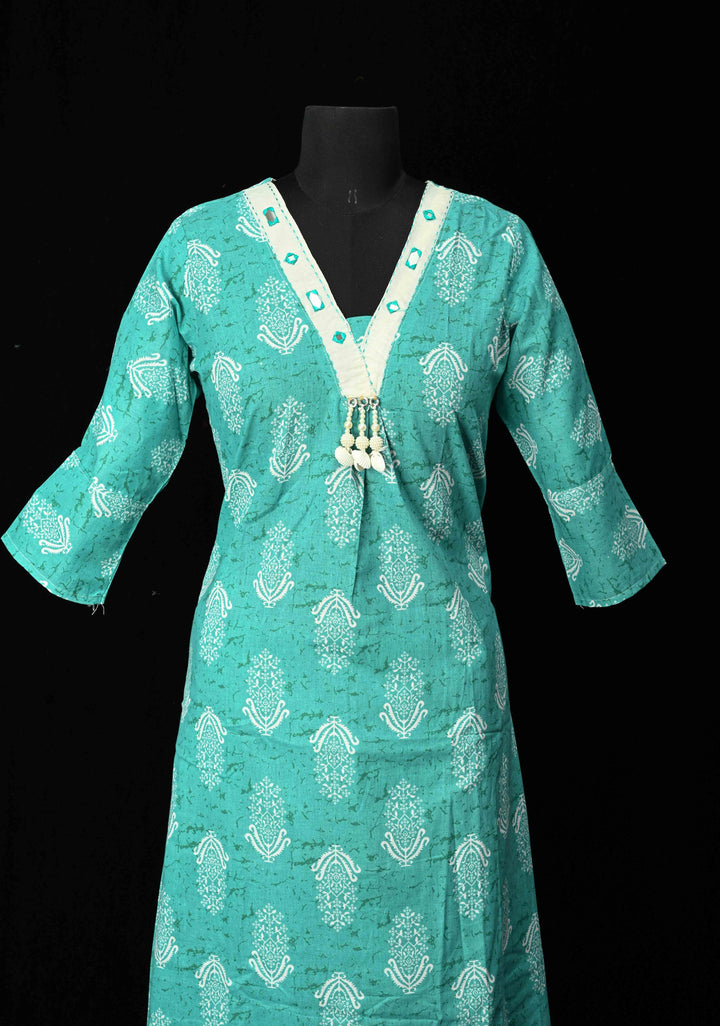 Cotton Jaipuri Print  Blue A-Line Kurti Set with Contrast Neck Detailing | Made to Order