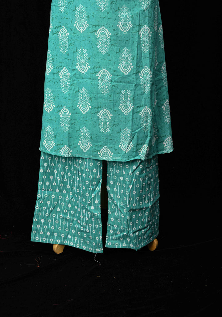 Cotton Jaipuri Print  Blue A-Line Kurti Set with Contrast Neck Detailing | Made to Order