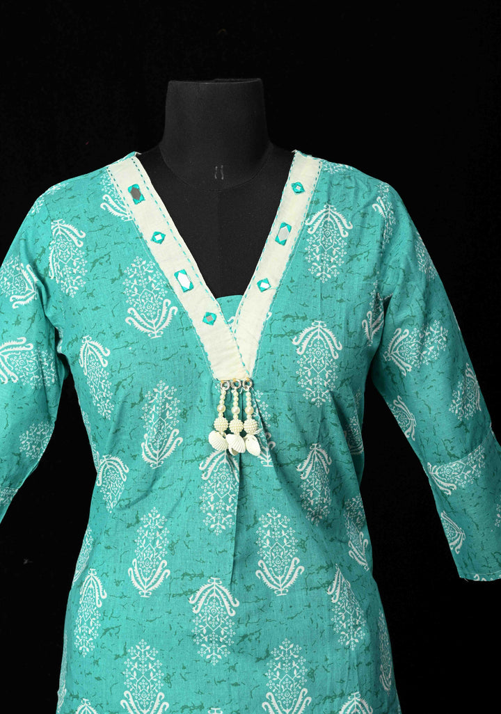 Cotton Jaipuri Print  Blue A-Line Kurti Set with Contrast Neck Detailing | Made to Order