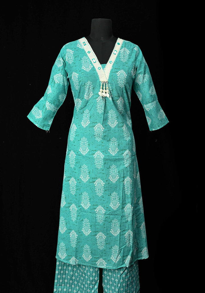 Cotton Jaipuri Print  Blue A-Line Kurti Set with Contrast Neck Detailing | Made to Order
