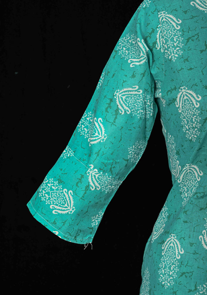 Cotton Jaipuri Print  Blue A-Line Kurti Set with Contrast Neck Detailing | Made to Order