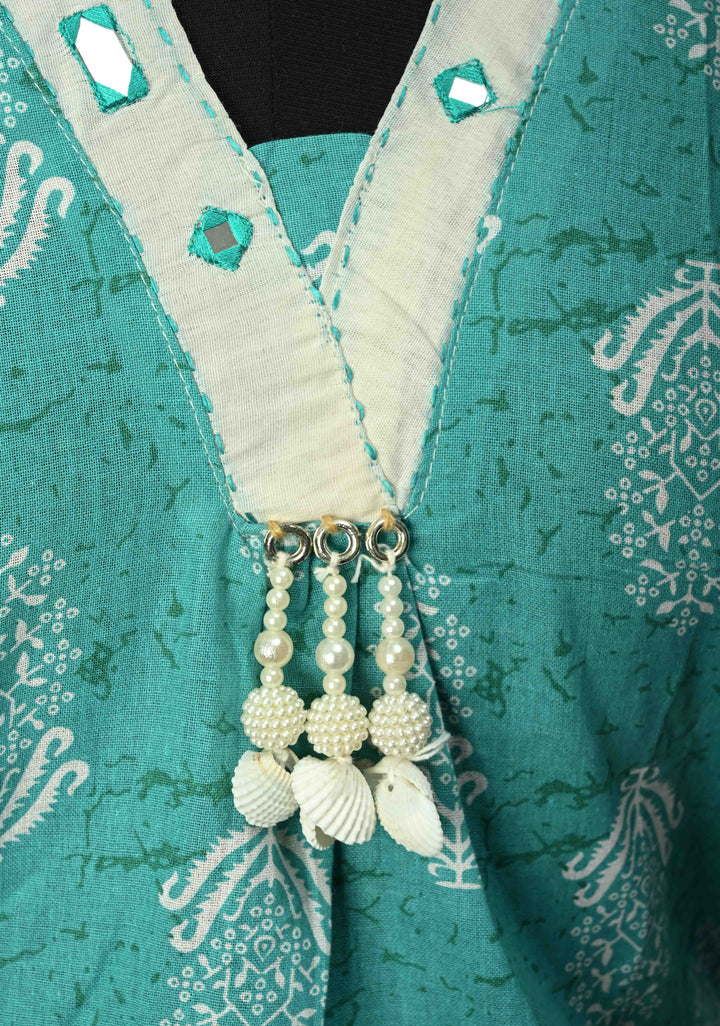 Cotton Jaipuri Print  Blue A-Line Kurti Set with Contrast Neck Detailing | Made to Order