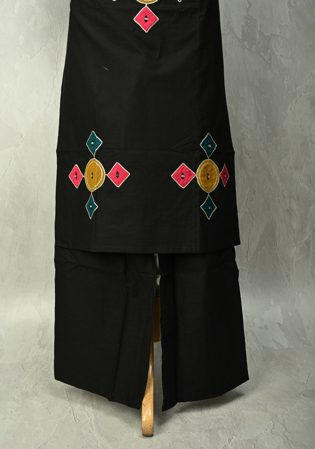 Black Cotton A-Line Kurti & Pant Set with Colorful Checks Patchwork  | Made to Order