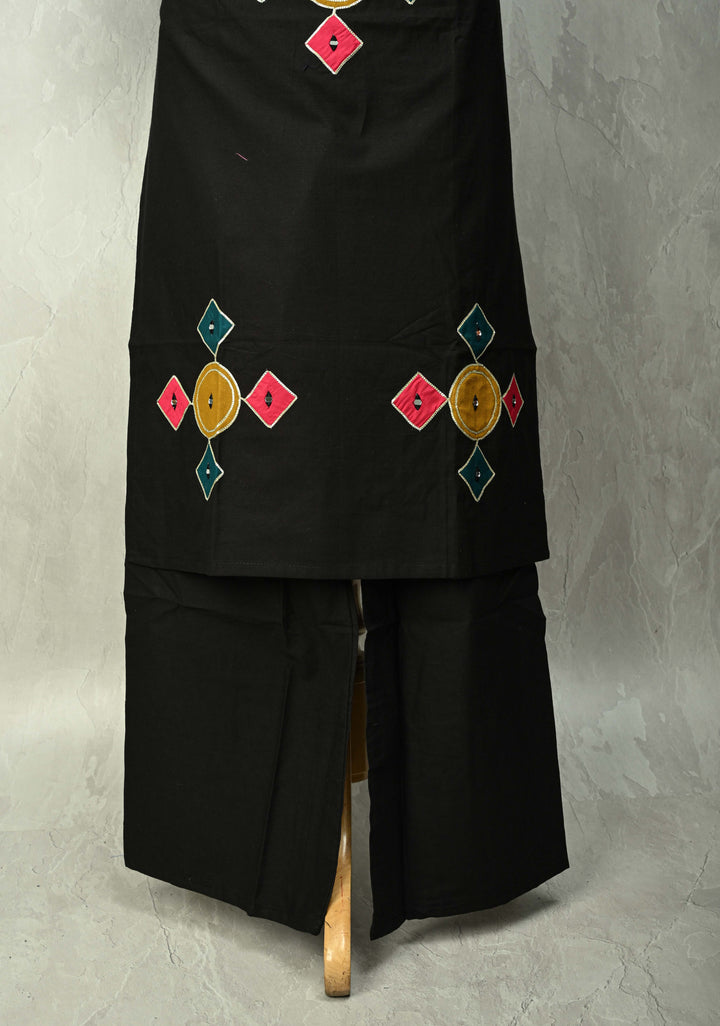Black Cotton A-Line Kurti & Pant Set with Colorful Checks Patchwork  | Made to Order