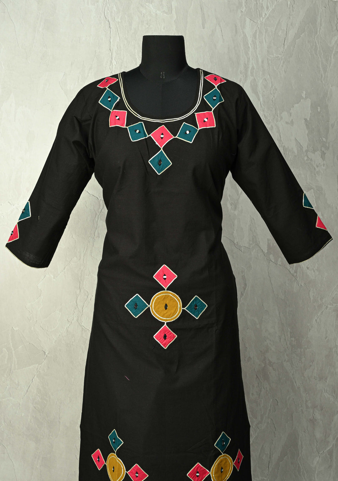 Black Cotton A-Line Kurti & Pant Set with Colorful Checks Patchwork  | Made to Order