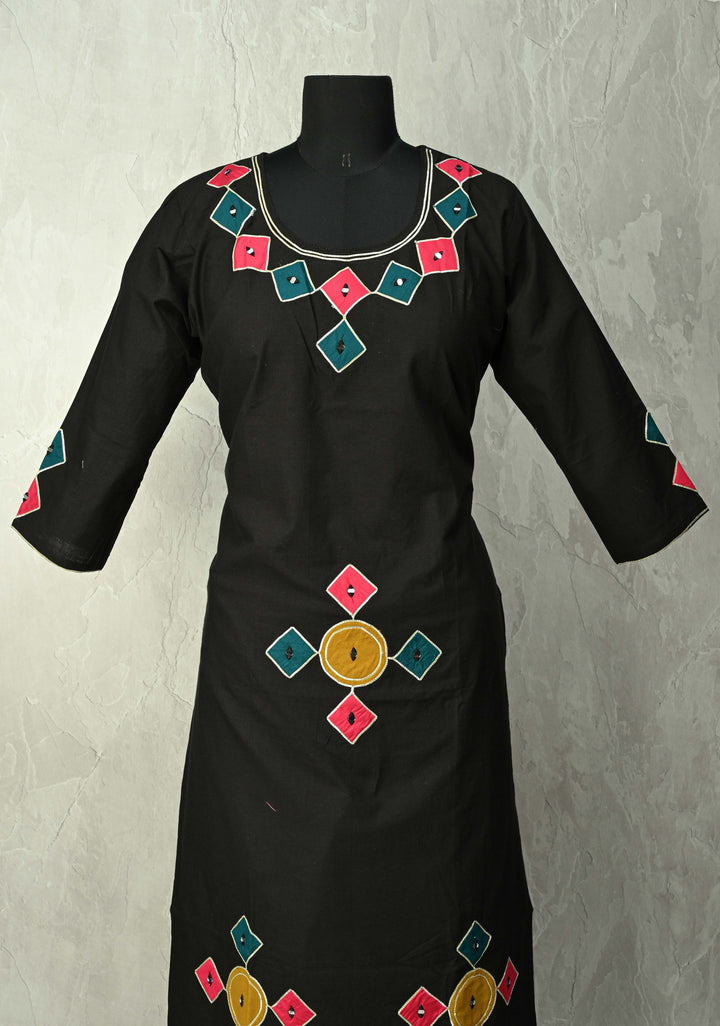 Black Cotton A-Line Kurti & Pant Set with Colorful Checks Patchwork  | Made to Order