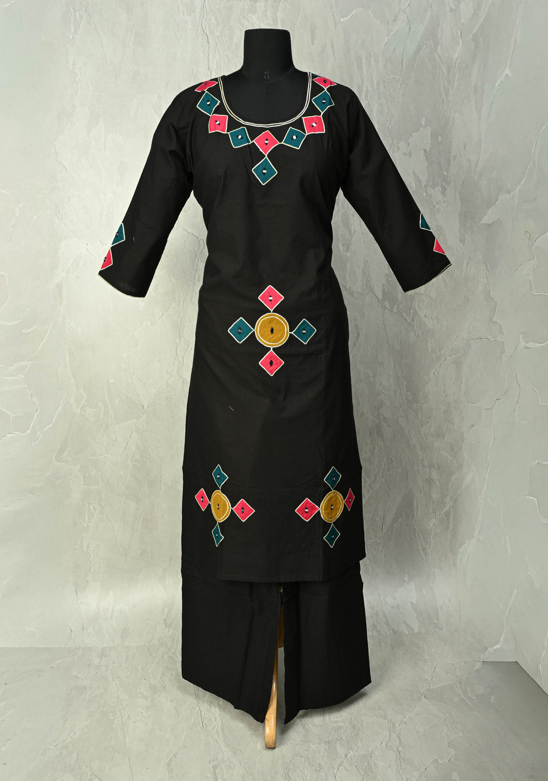 Black Cotton A-Line Kurti & Pant Set with Colorful Checks Patchwork  | Made to Order