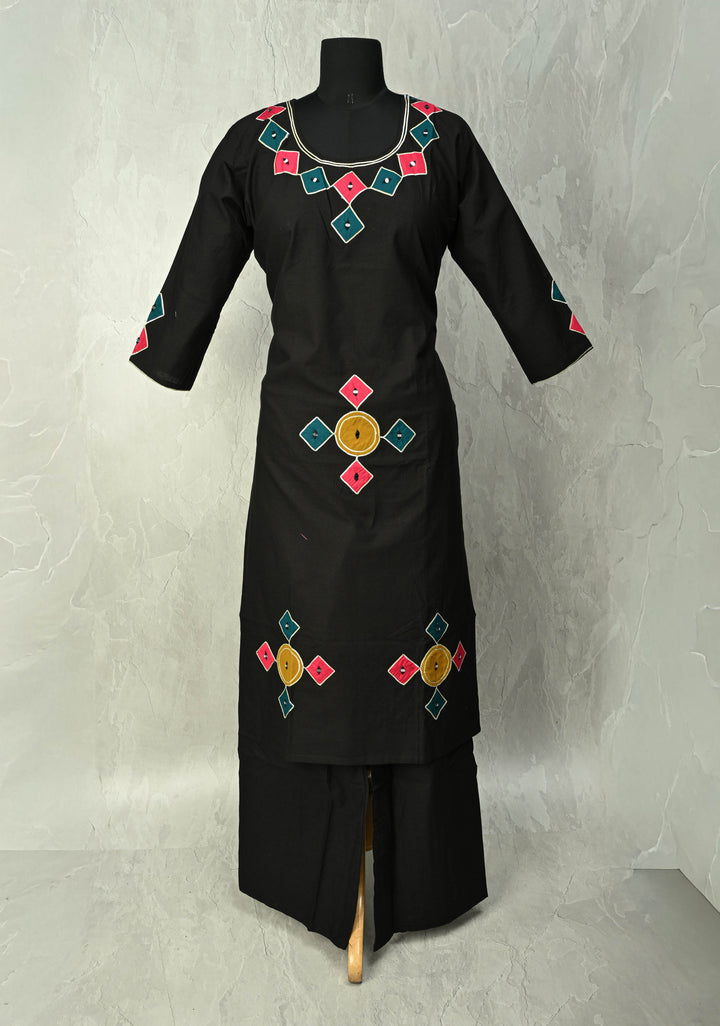 Black Cotton A-Line Kurti & Pant Set with Colorful Checks Patchwork  | Made to Order