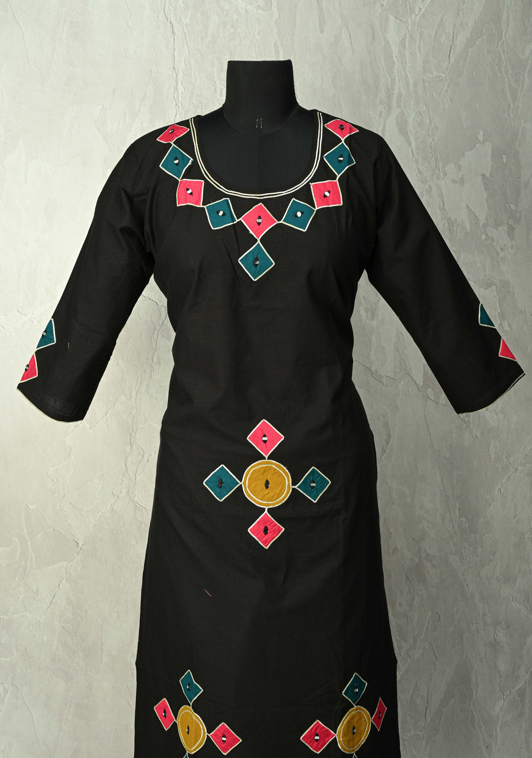 Black Cotton A-Line Kurti & Pant Set with Colorful Checks Patchwork  | Made to Order