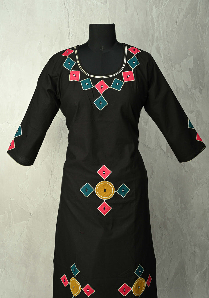 Black Cotton A-Line Kurti & Pant Set with Colorful Checks Patchwork  | Made to Order