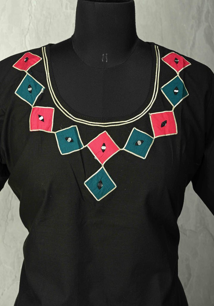 Black Cotton A-Line Kurti & Pant Set with Colorful Checks Patchwork  | Made to Order