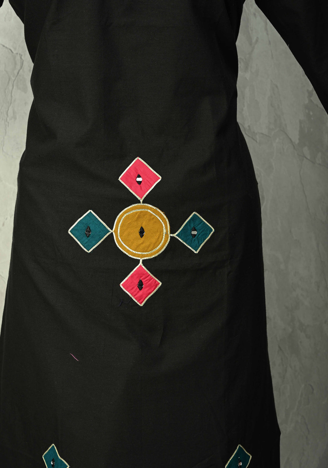 Black Cotton A-Line Kurti & Pant Set with Colorful Checks Patchwork  | Made to Order