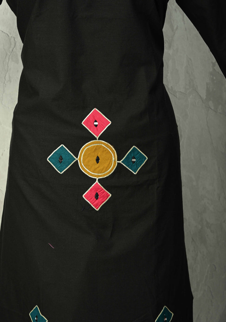 Black Cotton A-Line Kurti & Pant Set with Colorful Checks Patchwork  | Made to Order