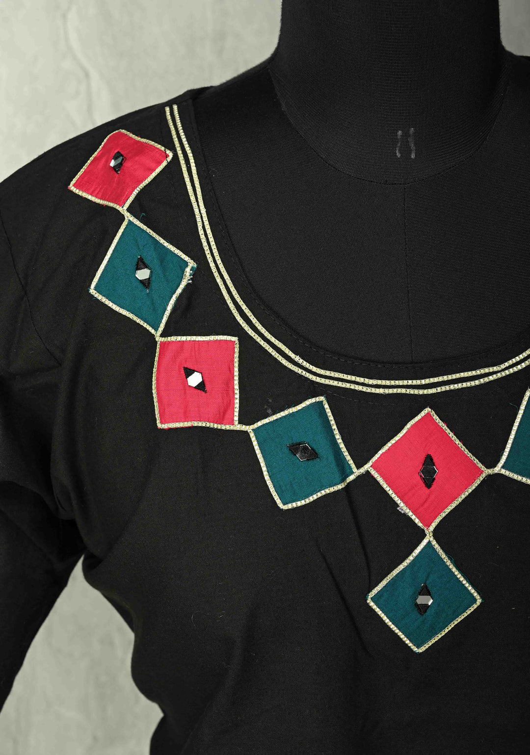 Black Cotton A-Line Kurti & Pant Set with Colorful Checks Patchwork  | Made to Order