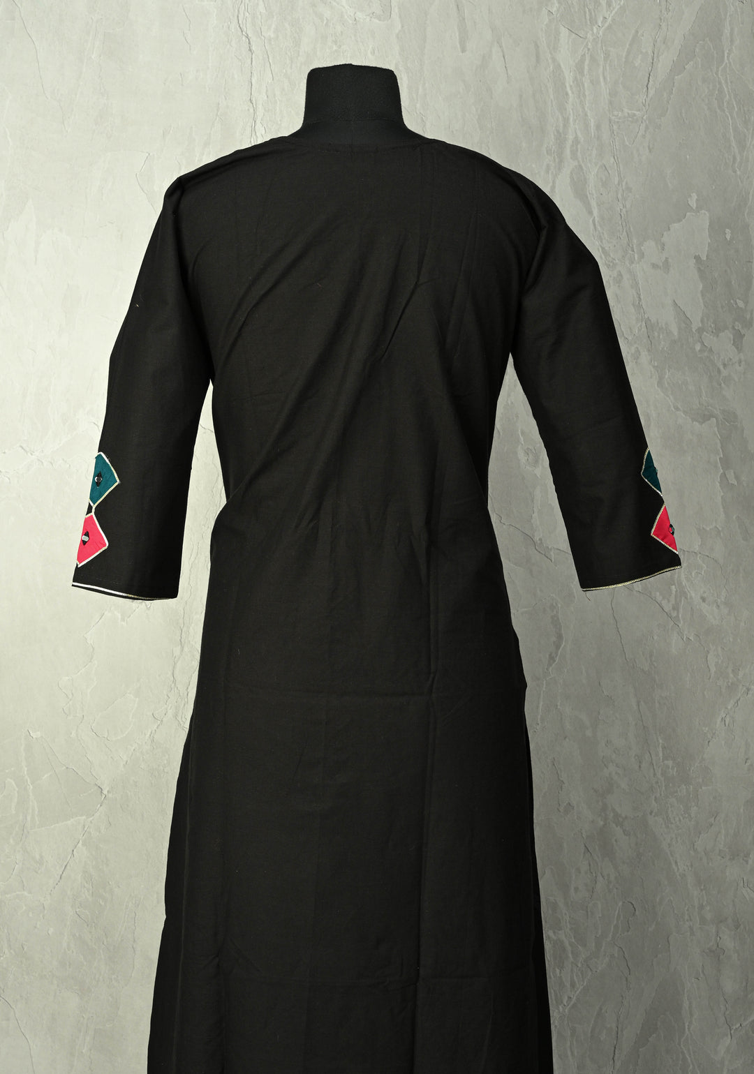 Black Cotton A-Line Kurti & Pant Set with Colorful Checks Patchwork  | Made to Order