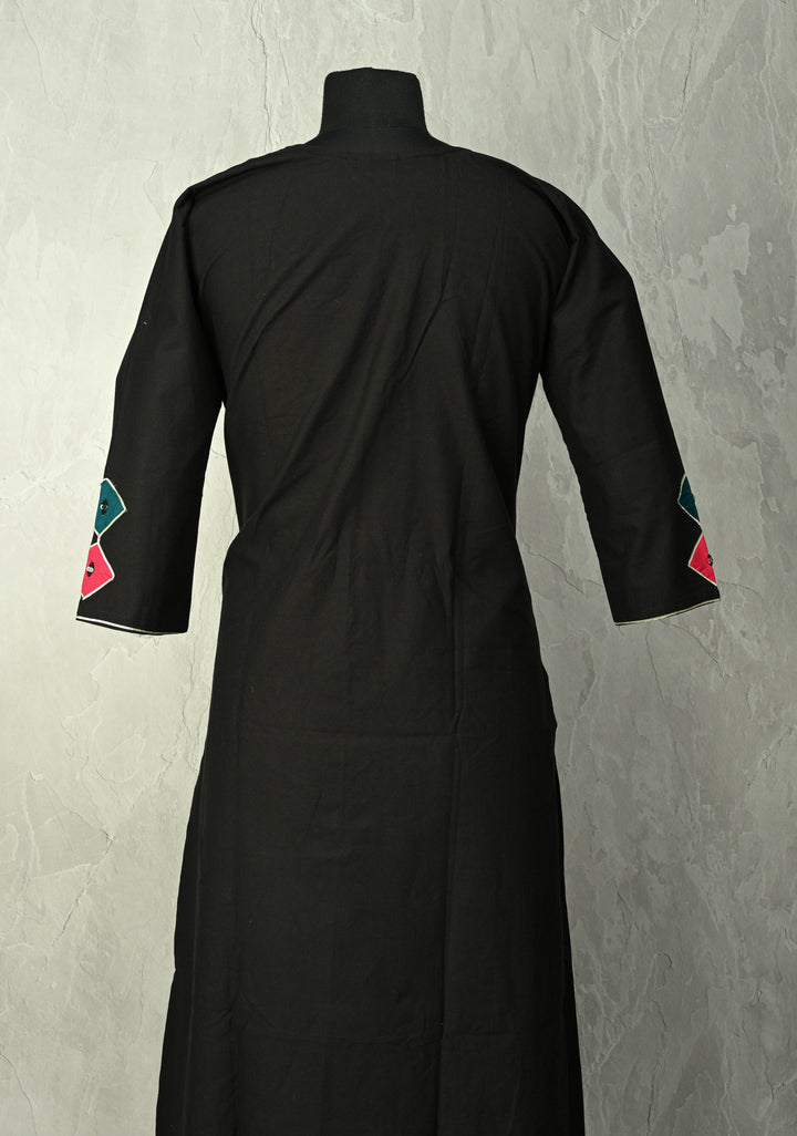 Black Cotton A-Line Kurti & Pant Set with Colorful Checks Patchwork  | Made to Order