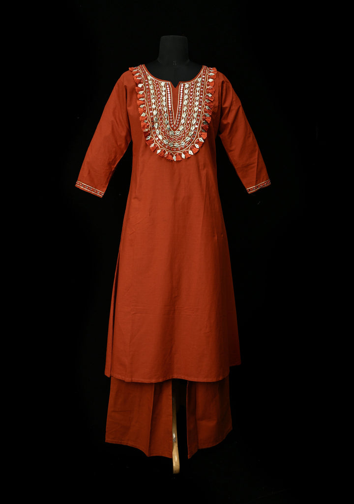 Rust Cotton Fumka Neck Kurti Set – Mirror Embroidery  | Made to Order
