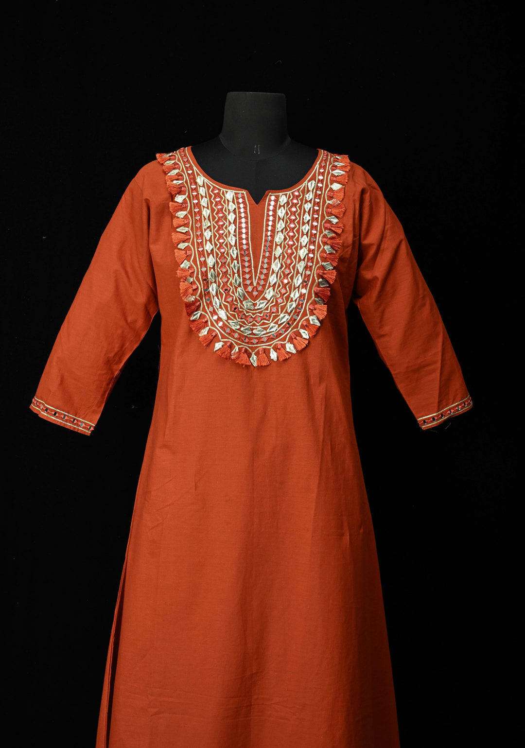 Rust Cotton Fumka Neck Kurti Set – Mirror Embroidery  | Made to Order
