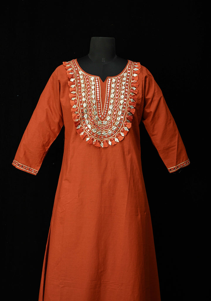 Rust Cotton Fumka Neck Kurti Set – Mirror Embroidery  | Made to Order