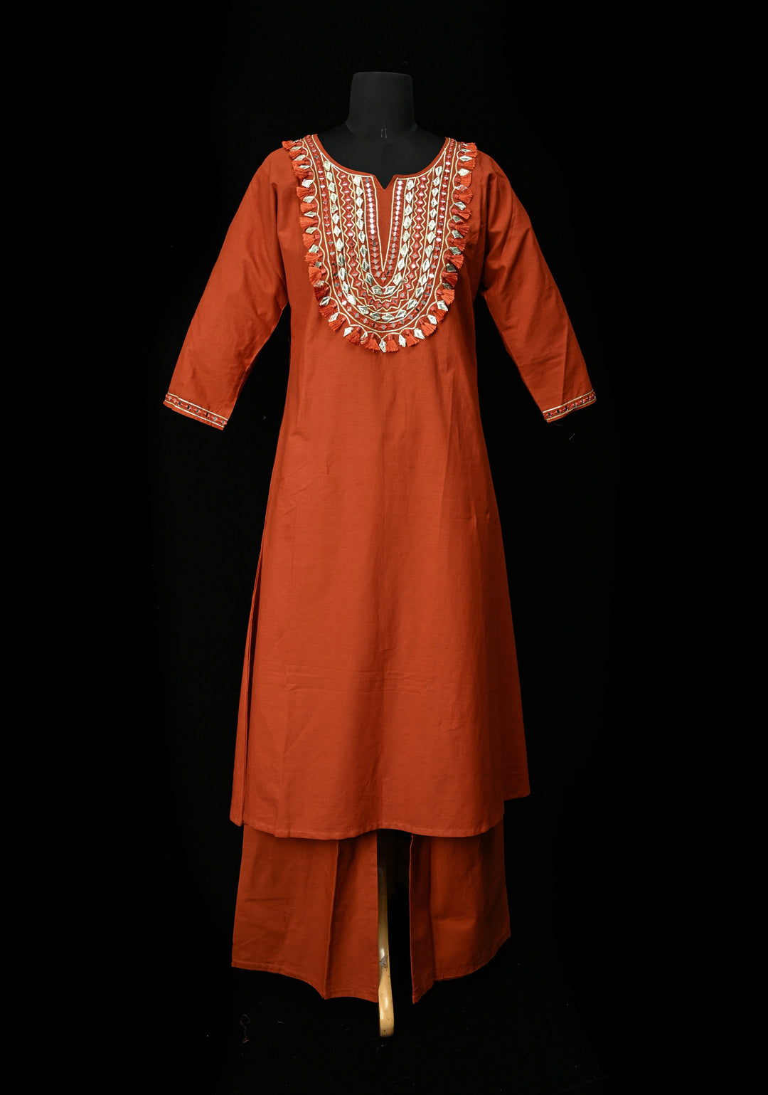 Rust Cotton Fumka Neck Kurti Set – Mirror Embroidery  | Made to Order