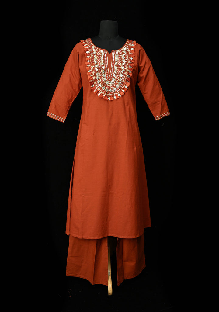 Rust Cotton Fumka Neck Kurti Set – Mirror Embroidery  | Made to Order