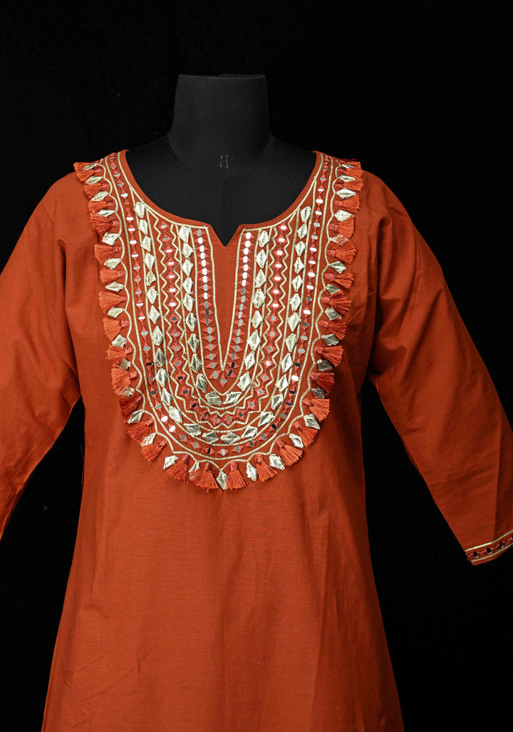 Rust Cotton Fumka Neck Kurti Set – Mirror Embroidery  | Made to Order