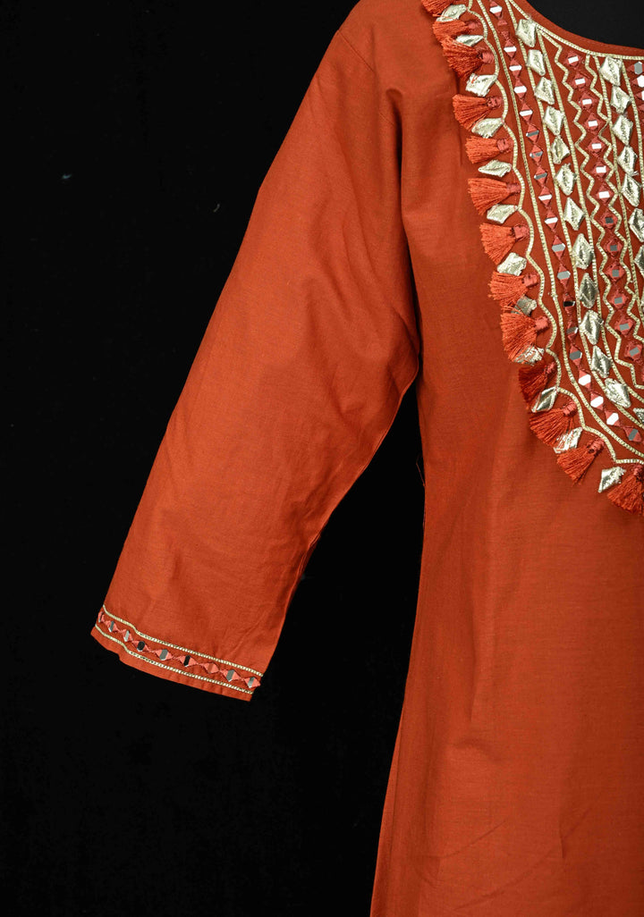 Rust Cotton Fumka Neck Kurti Set – Mirror Embroidery  | Made to Order