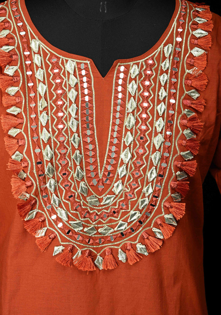 Rust Cotton Fumka Neck Kurti Set – Mirror Embroidery  | Made to Order
