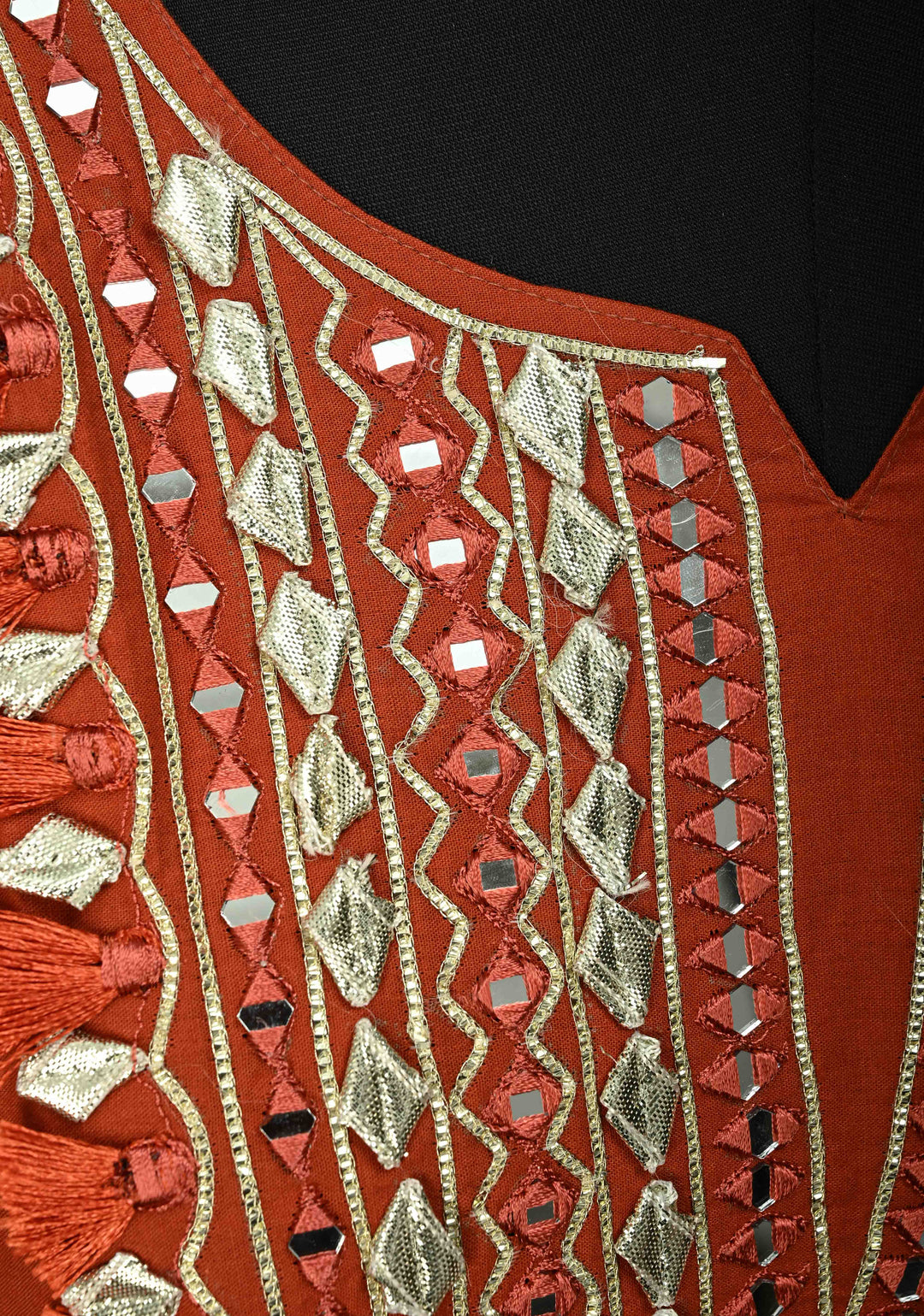 Rust Cotton Fumka Neck Kurti Set – Mirror Embroidery  | Made to Order