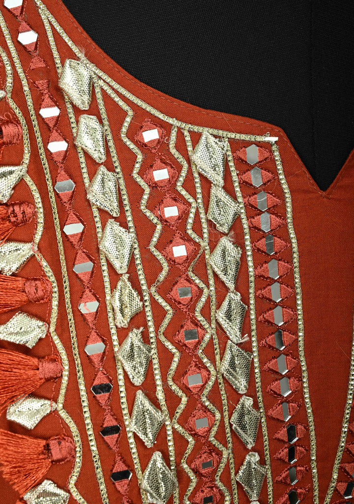 Rust Cotton Fumka Neck Kurti Set – Mirror Embroidery  | Made to Order