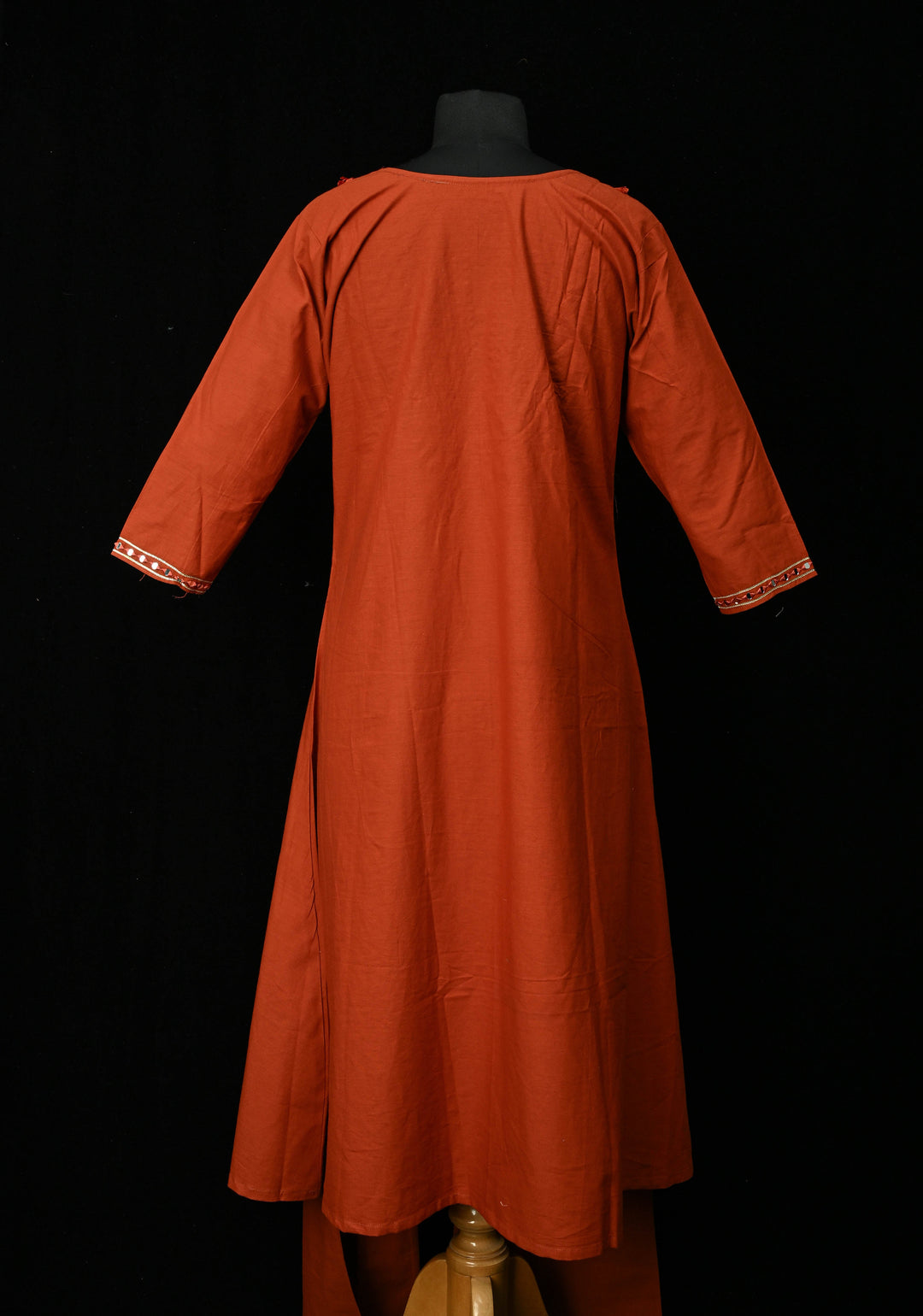 Rust Cotton Fumka Neck Kurti Set – Mirror Embroidery  | Made to Order