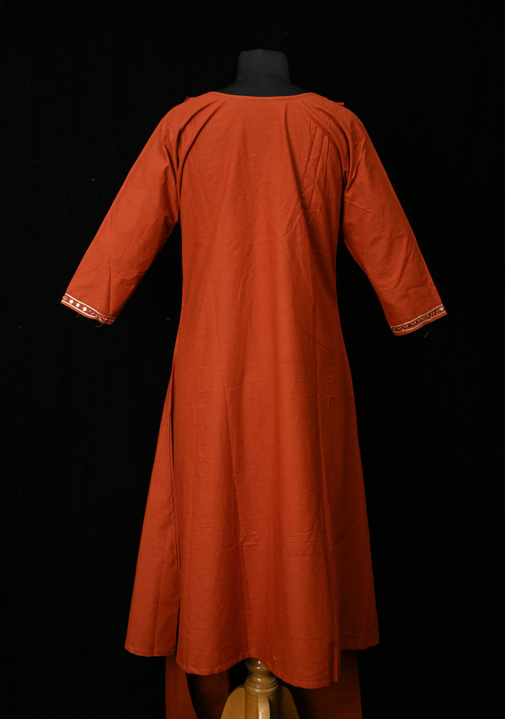 Rust Cotton Fumka Neck Kurti Set – Mirror Embroidery  | Made to Order