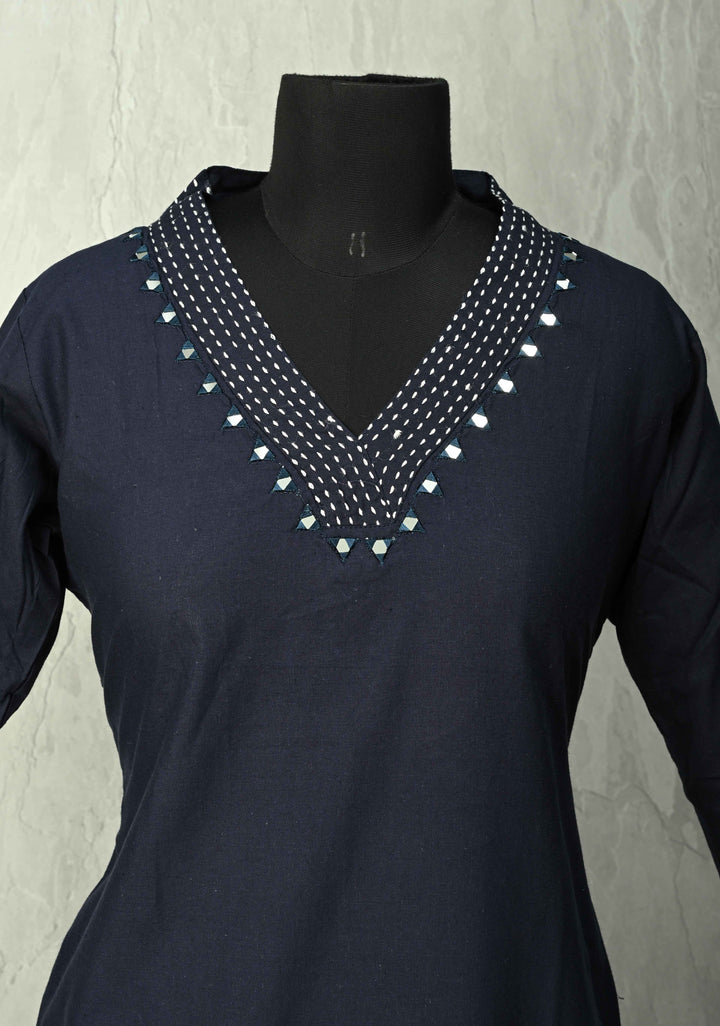 Navy Cotton Applique Floral Kurti 2 piece Set | Made to Order