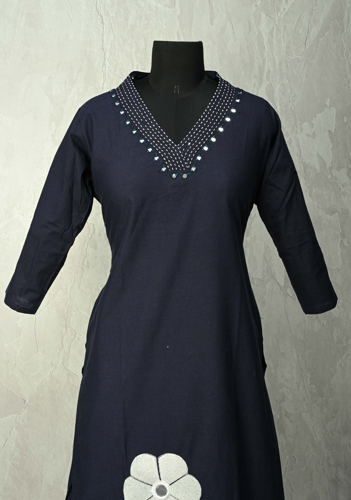 Navy Cotton Applique Floral Kurti 2 piece Set | Made to Order