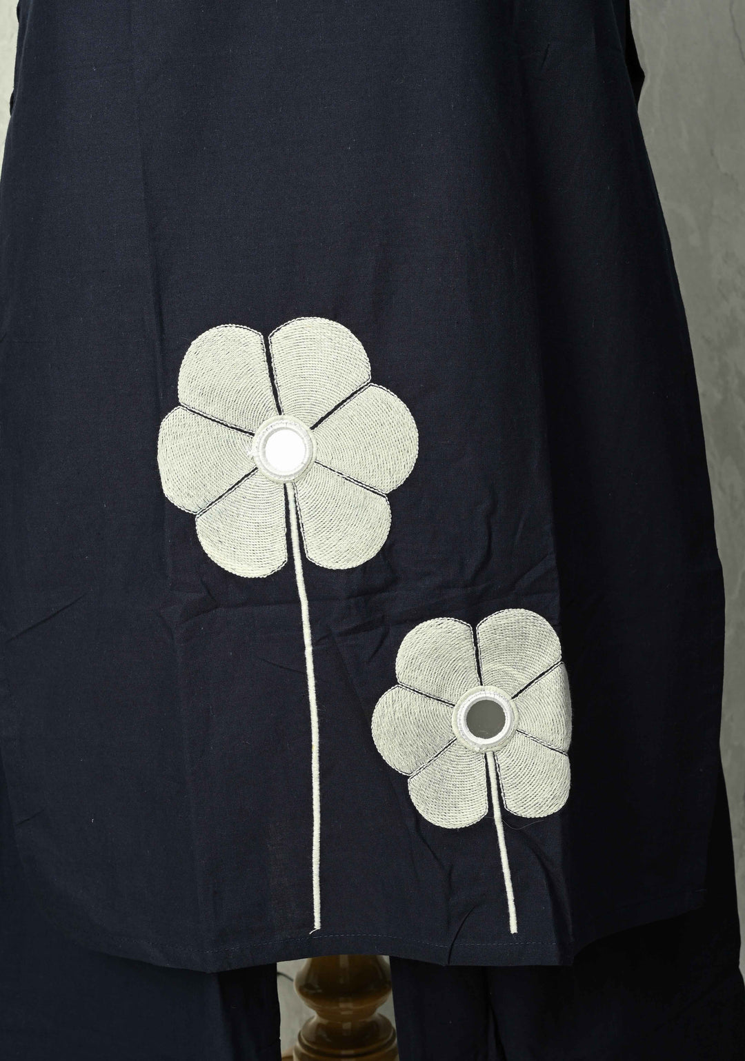 Navy Cotton Applique Floral Kurti 2 piece Set | Made to Order