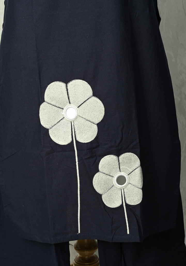 Navy Cotton Applique Floral Kurti 2 piece Set | Made to Order