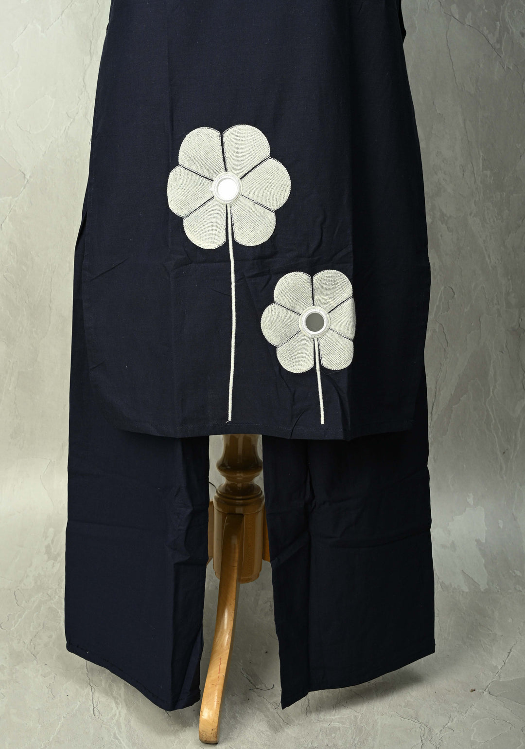 Navy Cotton Applique Floral Kurti 2 piece Set | Made to Order