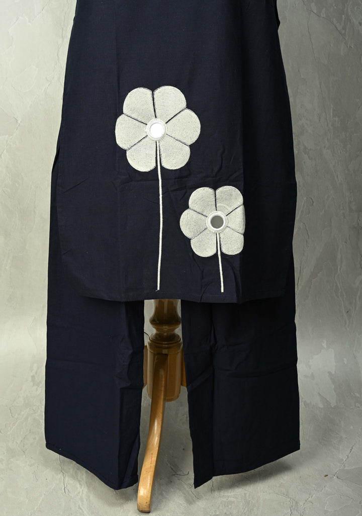 Navy Cotton Applique Floral Kurti 2 piece Set | Made to Order
