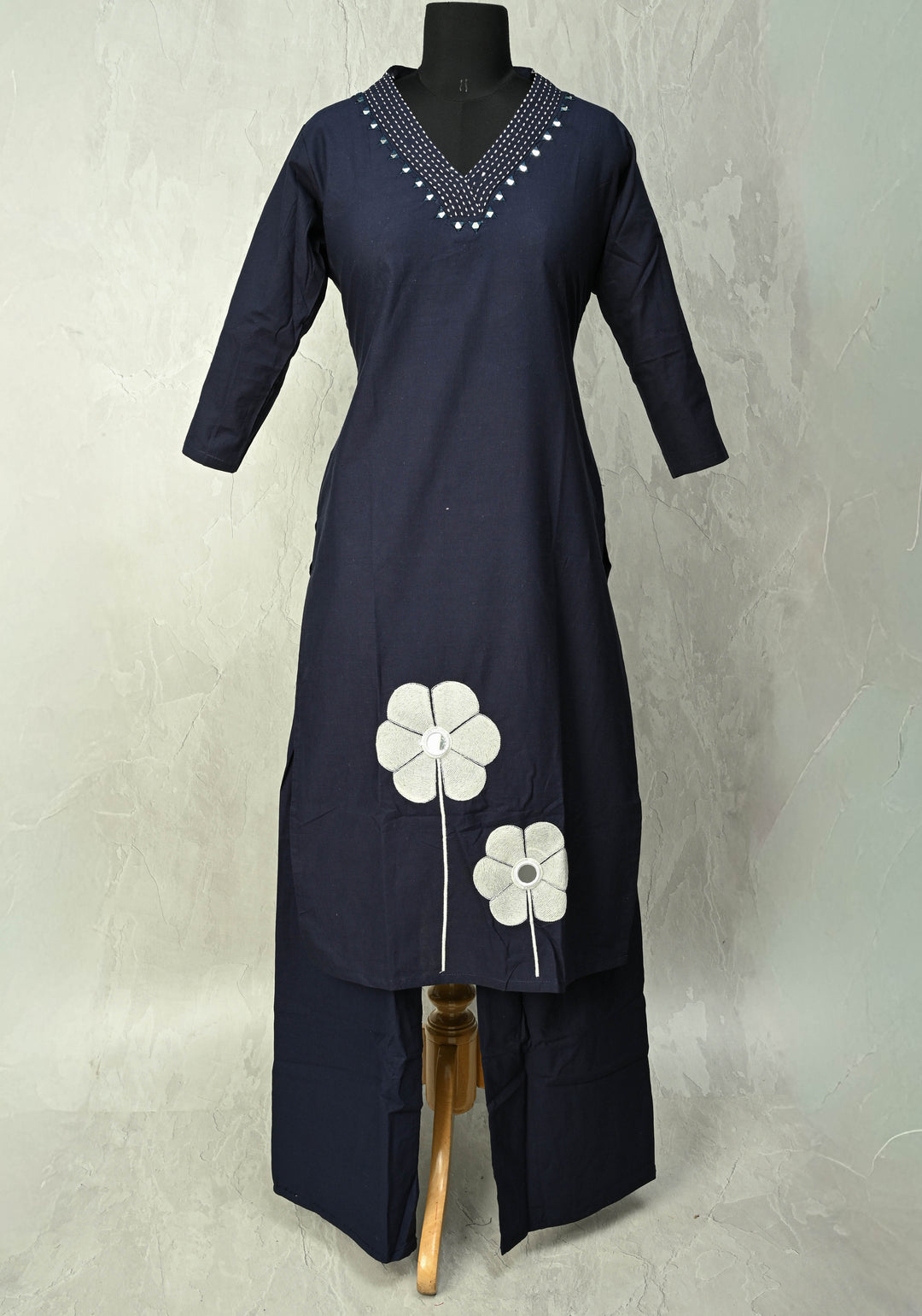 Navy Cotton Applique Floral Kurti 2 piece Set | Made to Order