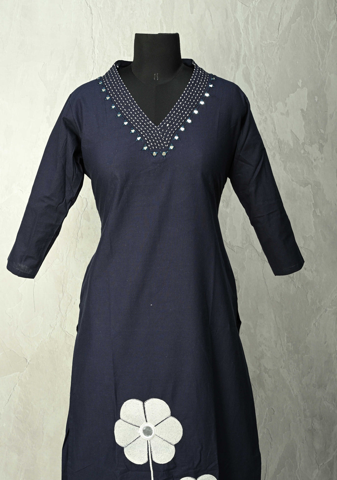 Navy Cotton Applique Floral Kurti 2 piece Set | Made to Order