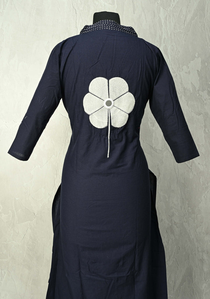 Navy Cotton Applique Floral Kurti 2 piece Set | Made to Order