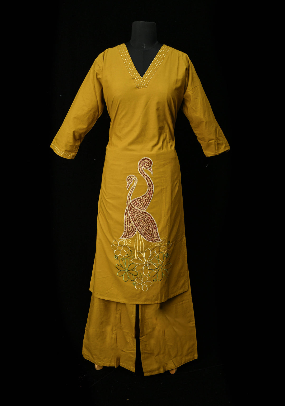 Mustard Yellow Cotton Coord Set with V-neck, 3/4th Sleeve Kurti & Pants  | Made to Order