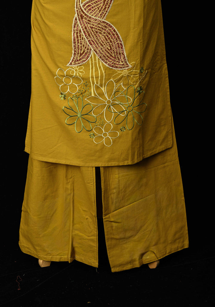 Mustard Yellow Cotton Coord Set with V-neck, 3/4th Sleeve Kurti & Pants  | Made to Order