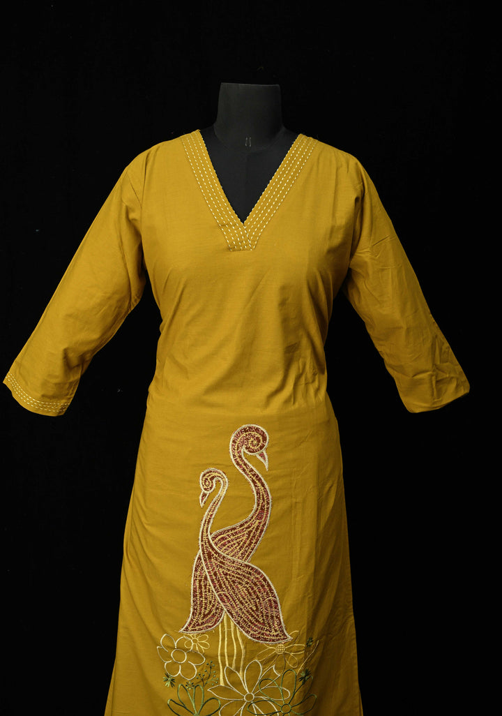 Mustard Yellow Cotton Coord Set with V-neck, 3/4th Sleeve Kurti & Pants  | Made to Order