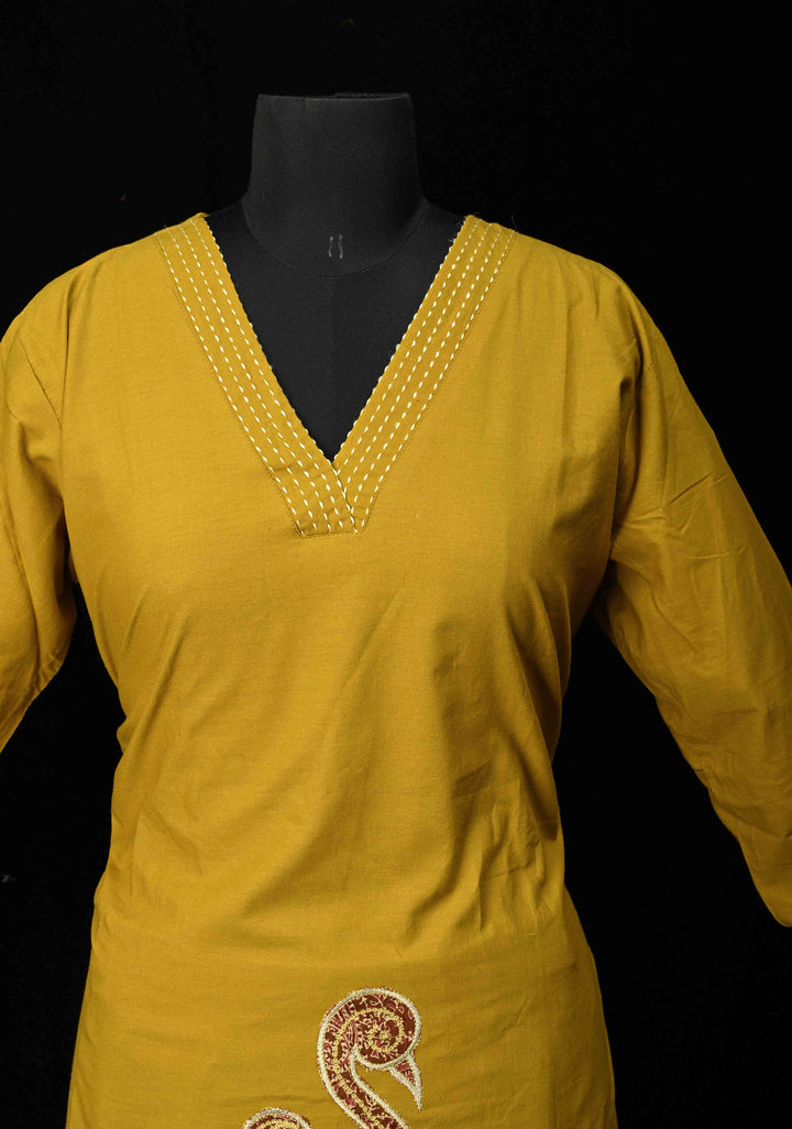 Mustard Yellow Cotton Coord Set with V-neck, 3/4th Sleeve Kurti & Pants  | Made to Order