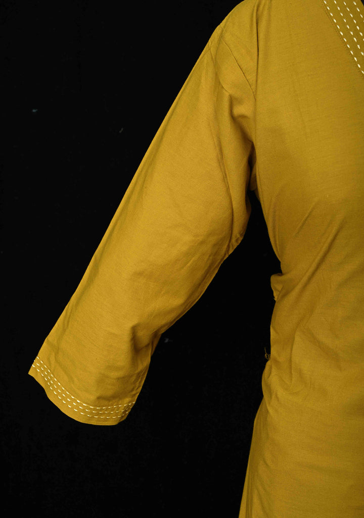 Mustard Yellow Cotton Coord Set with V-neck, 3/4th Sleeve Kurti & Pants  | Made to Order