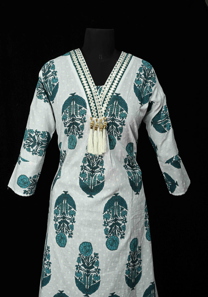 Blue A-Line Printed Cotton Kurti & Pant Set | Made to Order